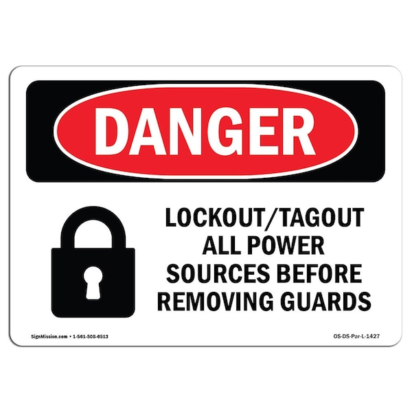 Safety Sign, OSHA Danger, 18" Height, Aluminum, Lockout Tagout All Power Sources, Landscape